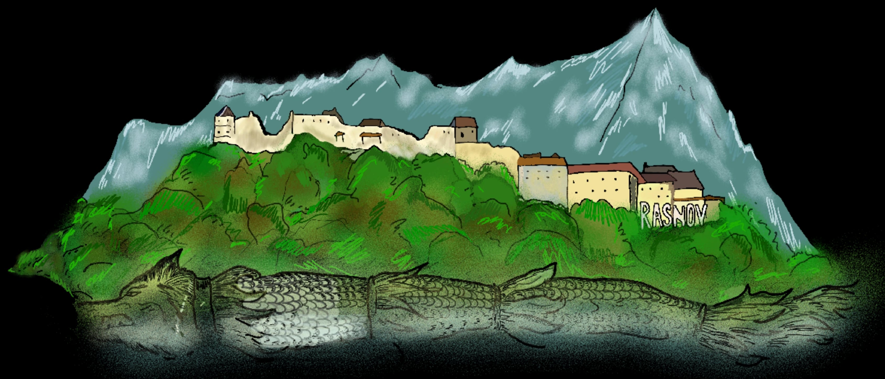 Ilustrație artistică a Cetății Râșnov cu munții în fundal și dragon decorativ - din cartea Legende, Istorii, Comori