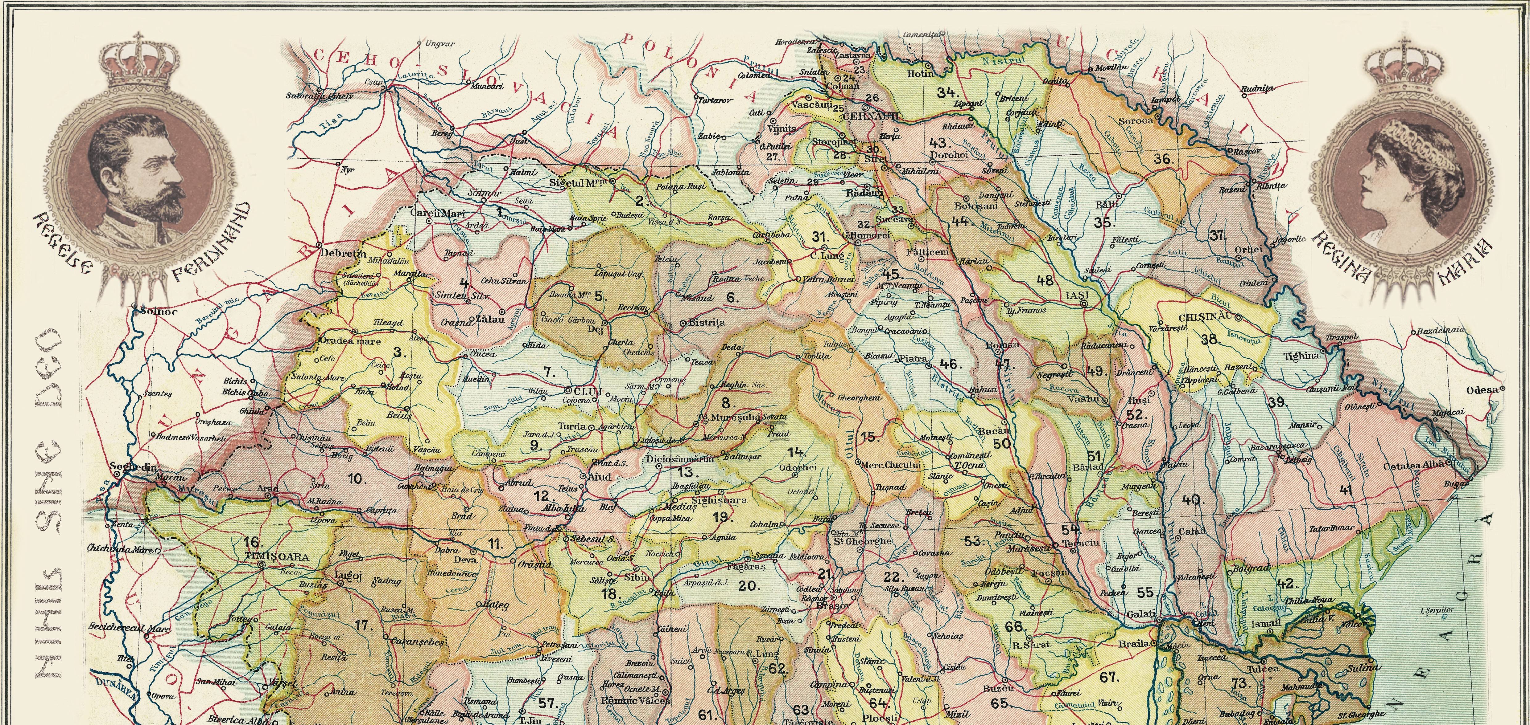 Harta istorică a României Mari cu 76 de județe