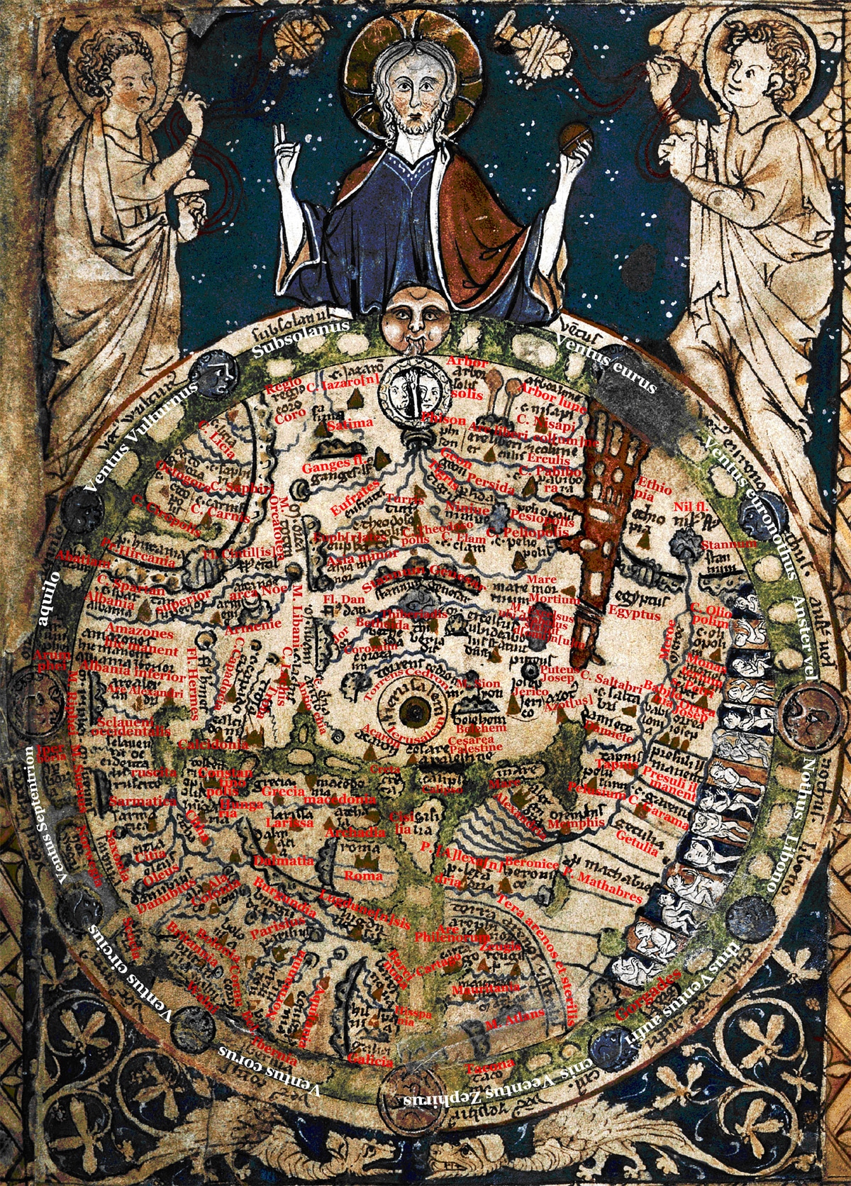 Harta Psalter cu adnotări - Fabuloasa Hartă a Pământului Plat din secolul XIII cu locații și toponime marcate